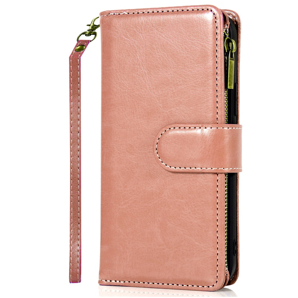 For Samsung Galaxy A16 5G PU Leather Zipper Wallet Case 9 Credit Card Slots Cash Money Pocket Clutch Pouch with Stand & Strap Case Cover Rose Gold