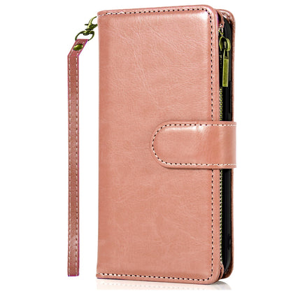 For Samsung Galaxy A16 5G PU Leather Zipper Wallet Case 9 Credit Card Slots Cash Money Pocket Clutch Pouch with Stand & Strap Case Cover Rose Gold