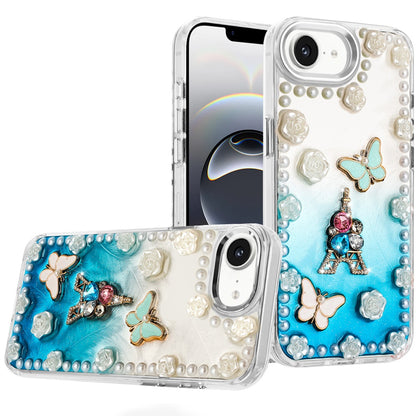 For Apple iPhone 16e Bling Fashion Design with 3D Pearls Epoxy Glitter Ornaments Chrome Edge Hard Slim PC Case Cover
