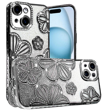 For Apple iPhone 16 Plus (6.7") Luxury Floral Design Sparkle Glitter Diamond Crystal Rhinestone Shimmer Bling Plating Thick TPU Hard PC Case Cover