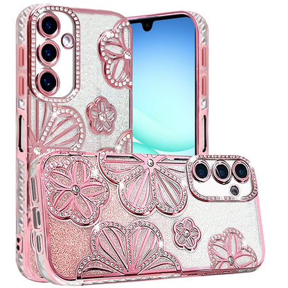 For Samsung Galaxy A17 5G Luxury Flower Design Sparkle Glitter Diamond Rhinestone Shimmer Bling Plating Thick TPU Hard PC Case Cover
