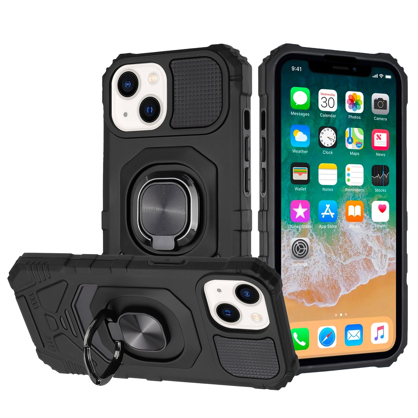 For Apple iPhone 16 (6.1") Hybrid Dual Layer with Rotate Magnetic Ring Stand Holder Kickstand, Rugged Shockproof Case Cover
