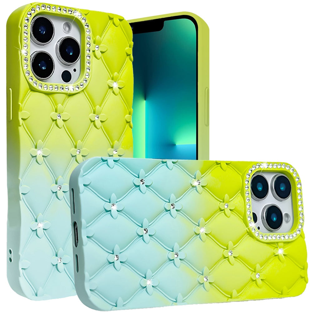 For Apple iPhone 13 Pro Max Fashion Flower Design Sparkle Glitter Shimmer Rhinestone Bling Floral Accents, Leather Texture TPU Case Cover Light Green/Teal