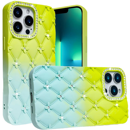 For Apple iPhone 13 Pro Max Fashion Flower Design Sparkle Glitter Shimmer Rhinestone Bling Floral Accents, Leather Texture TPU Case Cover Light Green/Teal