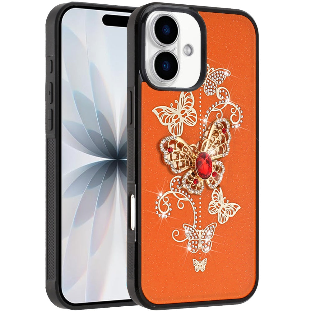 For Apple iPhone 17 (6.3") Diamonds 3D Fashion Bling Sparkly Glitter Ornaments Engraving Hybrid with Ring Stand Case Cover