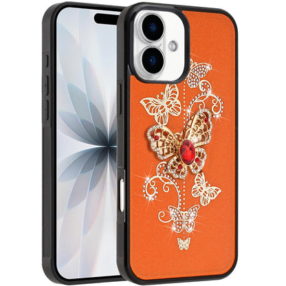 For Apple iPhone 17 (6.3") Diamonds 3D Fashion Bling Sparkly Glitter Ornaments Engraving Hybrid with Ring Stand Case Cover