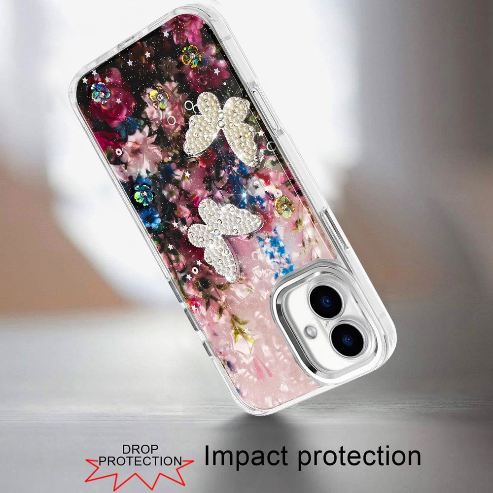 For Apple iPhone 17 (6.3") Epoxy Glitter Flowers Bling 3D Butterfly Fashion TPU Hybrid with Shockproof Protection Case Cover