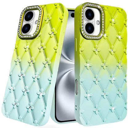 For iPhone 16 (6.1") Fashion Flower Design Sparkle Glitter Shimmer Rhinestone Bling Floral Accents, Leather Texture TPU Case Cover Yellow/Green