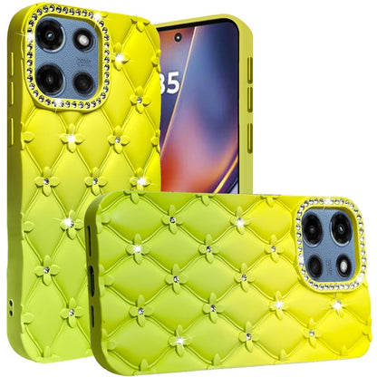 For Motorola Moto G 5G 2026/2025 Fashion Flower Design Sparkle Glitter Shimmer Rhinestone Bling Floral Accents, Leather Texture TPU Case Cover Yellow/Green