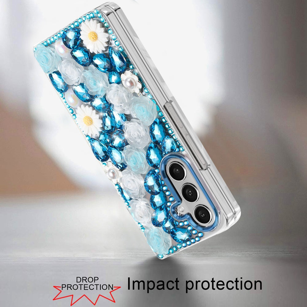 For Samsung Galaxy Z Fold 7 Fashion Daisy Floral Series, Full 3D Bling Crystal Diamonds Sparkling Rhinestone Glitter Hybrid Design Case Cover