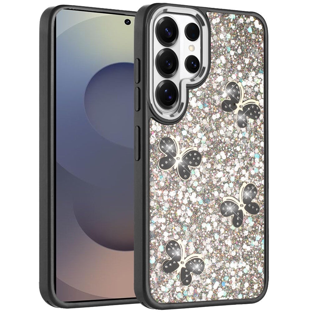 For Samsung Galaxy S26 Ultra Cute Butterfly Crystal Diamond Glitter Case Sparkle Bling Frame Metallic Edges, Shimmer TPU Hybrid Case Cover