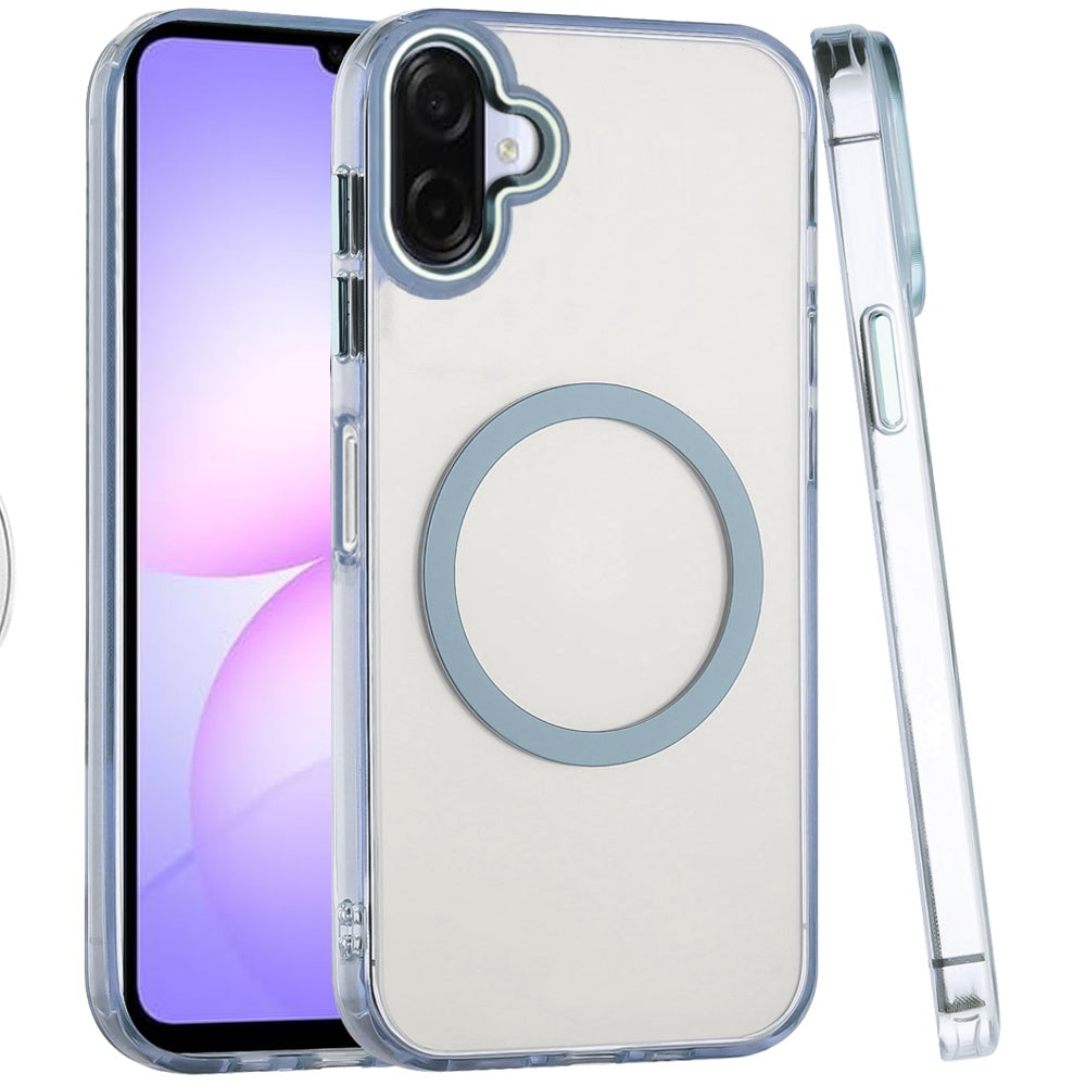For Samsung Galaxy A07 Transparent Back Hybrid Case - Magnetic Circle, Color Frame, Metal Buttons, MagSafe Compatible Case Cover