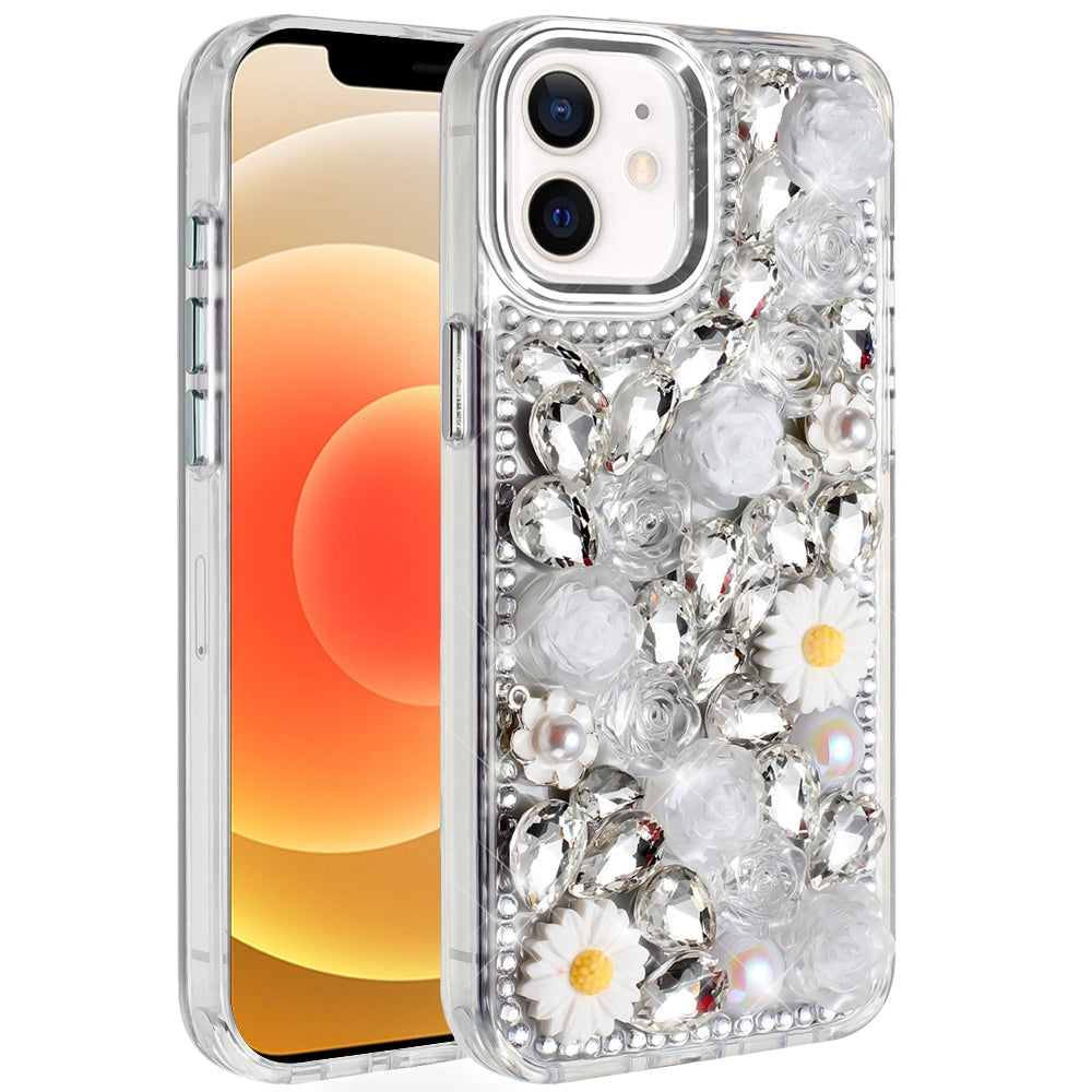 For Samsung Galaxy A36 Fashion Daisy Floral Series, Full 3D Bling Crystal Diamonds Sparkling Rhinestone Glitter Hybrid Design Case Cover Silver