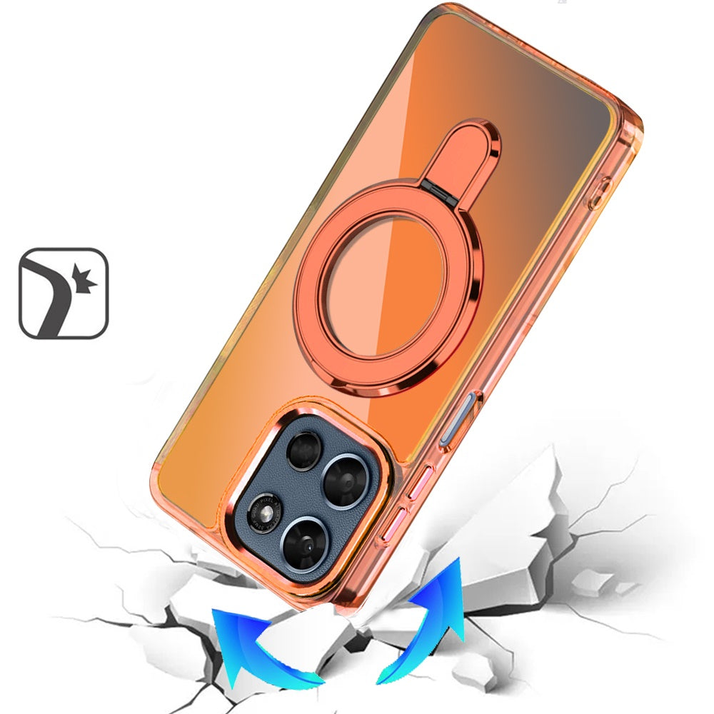 For Motorola Moto G 5G 2026/2025 Chrome Hybrid with Rotating Magnetic Circle Ring Stand, Slim Shockproof Hybrid Case Cover Cosmic Orange