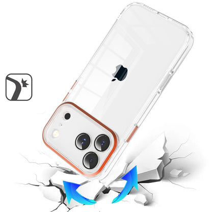 For Apple iPhone 17 Pro (6.3") Transparent Clear Hybrid with Matching Metal Buttons and Camera Protection Hard PC + TPU Rubber Case Cover Cosmic Orange