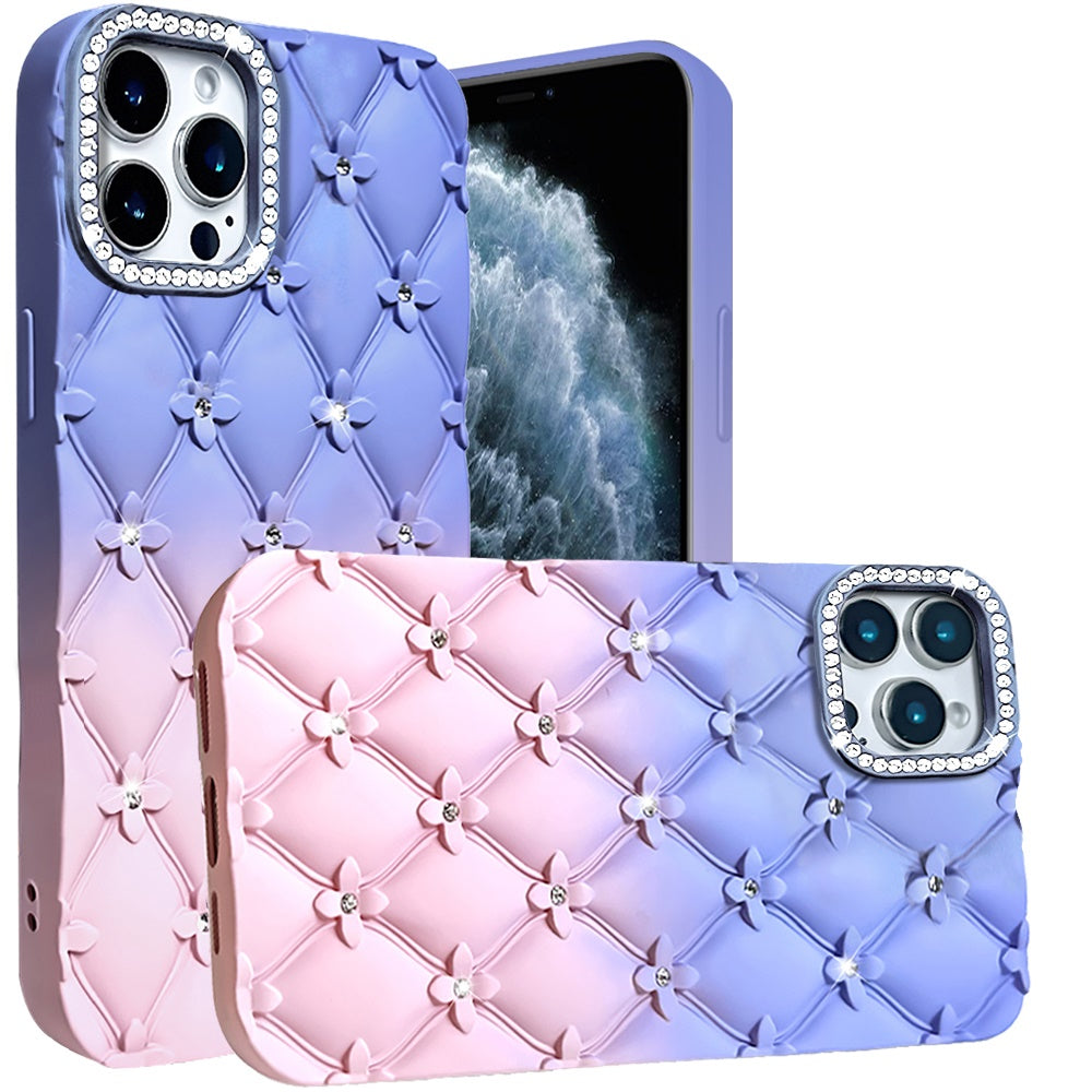 For Apple iPhone 11 Pro Max Fashion Flower Design Sparkle Glitter Shimmer Rhinestone Bling Floral Accents, Leather Texture TPU Case Cover Dark Blue/Burgundy