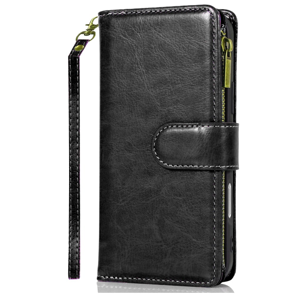 For Apple iPhone 11 Leather Wallet Case with Zipper, 9 Card Slots, Cash Pocket, Stand & Strap, Clutch Pouch Design Case Cover Black