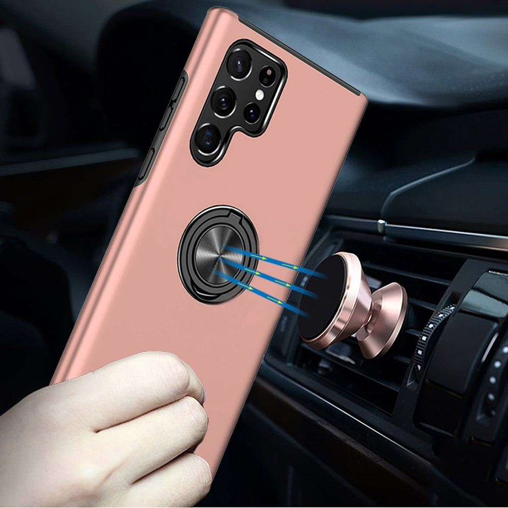 For Samsung Galaxy S23+ / S23 Plus Hybrid 360 Degree Rotatable Metal Invisible Ring Stand Holder Slim Fit Magnetic Car Mount Shockproof Case Cover Pink