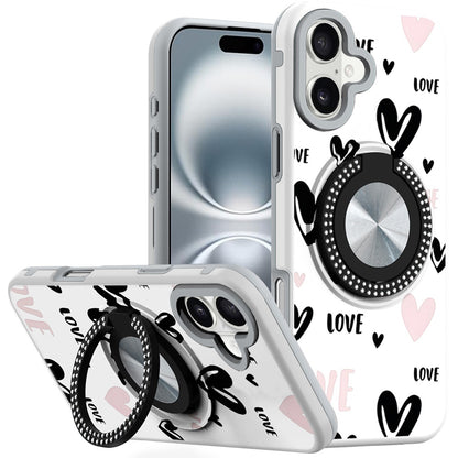 For Apple iPhone 16 (6.1") Pattern Design Hybrid with Invisible Ring Stand & Magnetic Back, Shockproof Protective Grip Case Cover