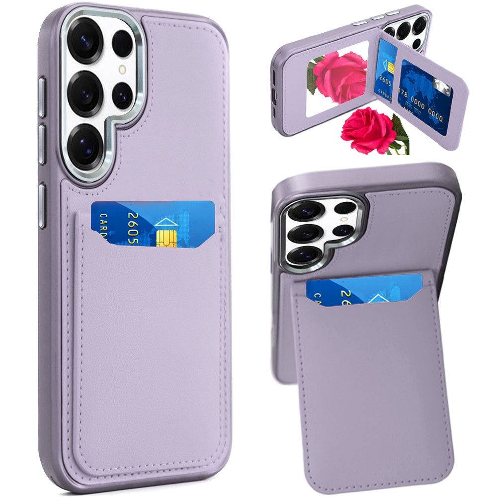 For Samsung Galaxy S25 Ultra PU Leather Wallet Cover with Credit Card Holder, Kickstand & Mirror Inside Slim Fit TPU & PC Hybrid Design Case Cover