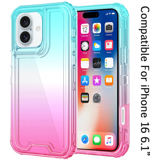 For Apple iPhone 16 (6.1") Hybrid 3in1 Clear Two Color Tone Transparent Shockproof Rubber TPU + Hard Protective Frame Case Cover Blue Teal + Pink