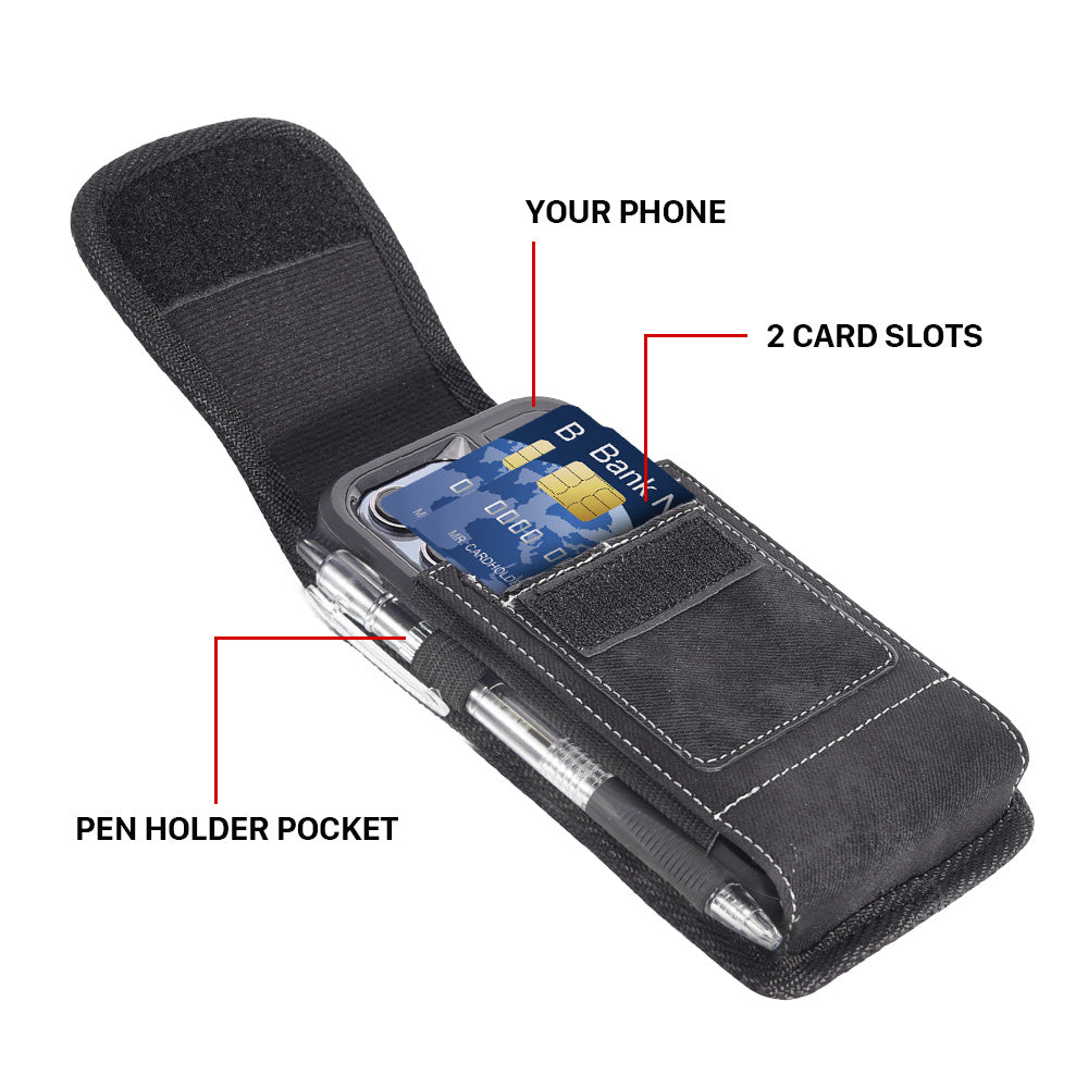 For Apple iPhone 16 (6.1") Universal Vertical Denim Fabric Case Holster with 2 Card Slots, Pen Holder, Belt Clip Loop & Hook Carrying Medium Phone Pouch [Black Denim]