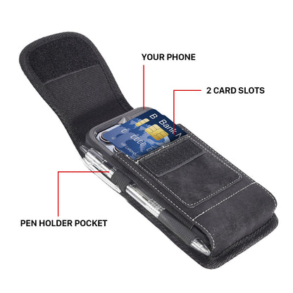 For Apple iPhone 16 (6.1") Universal Vertical Denim Fabric Case Holster with 2 Card Slots, Pen Holder, Belt Clip Loop & Hook Carrying Medium Phone Pouch [Black Denim]