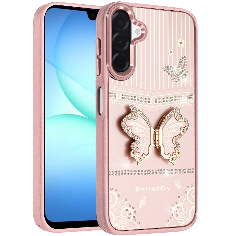 For Samsung Galaxy A17 5G Glitter 3D Butterfly Design Bling Metallic Edge Hybrid Stand Drop Protection TPU Shockproof Case Cover