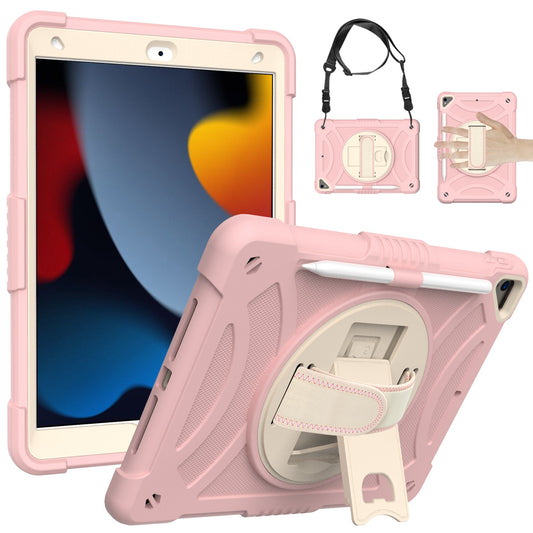 For 3-in-1 Tough Hybrid Shockproof Protector Silicone TPU with Pencil Holder, Kickstand, Hand & Shoulder Strap Rose Gold Pink Tablet Case Cover