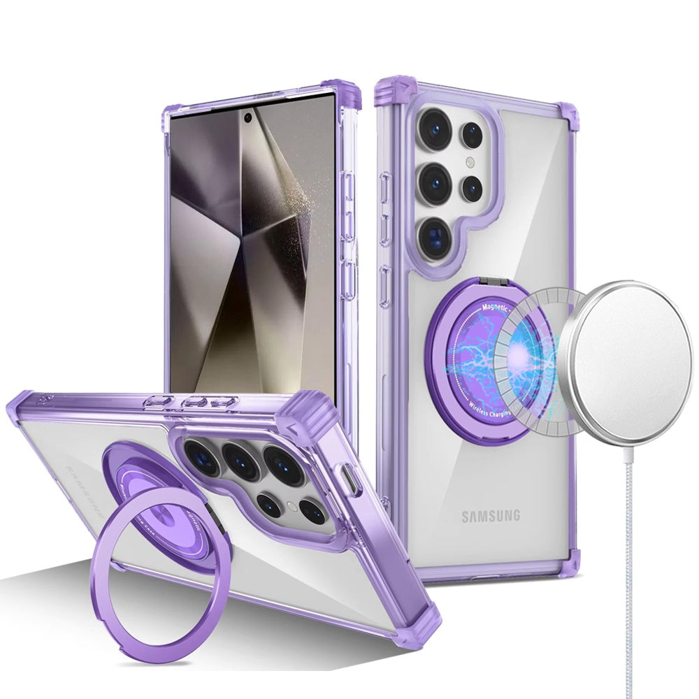 For Samsung Galaxy S25 Ultra Shield Magnetic Case [Compatible with MagSafe], 360° Rotatable Invisible Ring Stand, Transparent Back Case Cover