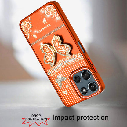 For Motorola Moto G 5G 2026/2025 Glitter 3D Butterfly Design Bling Metallic Edge Hybrid Stand Drop Protection TPU Shockproof Case Cover Cosmic Orange