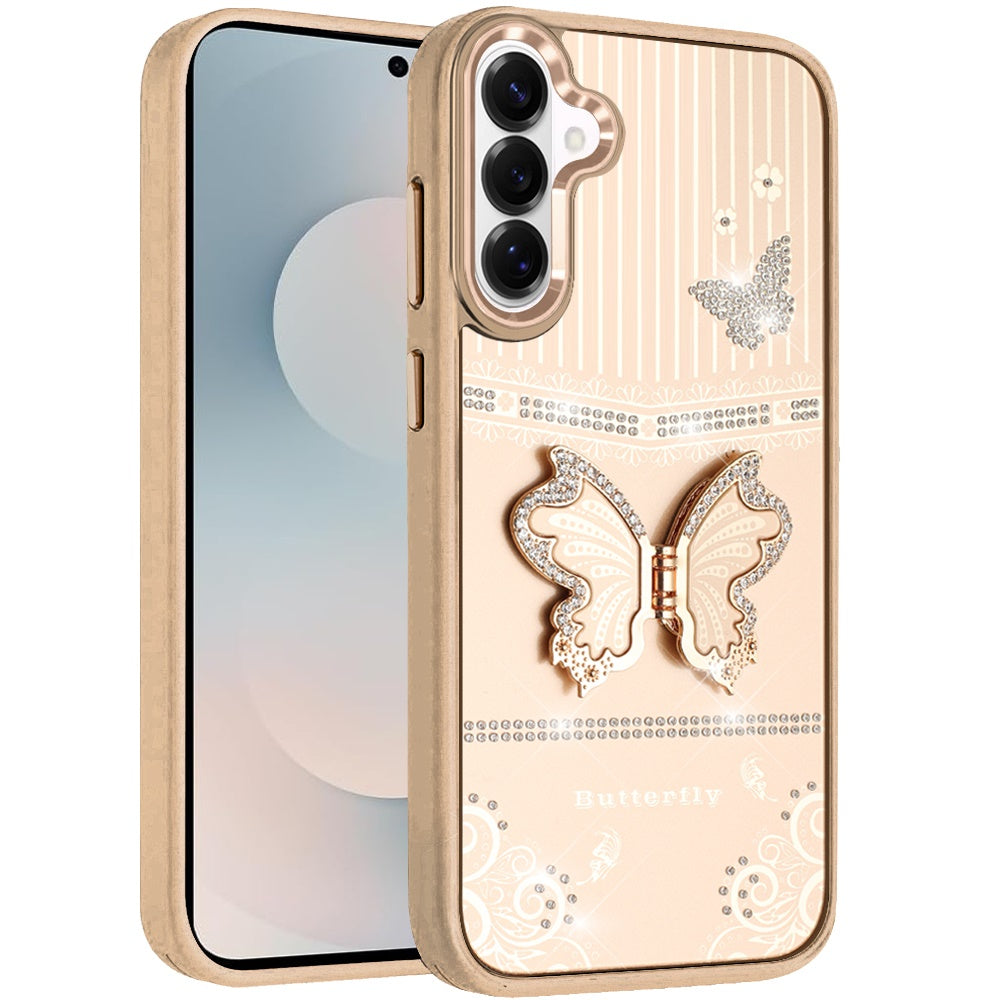 For Samsung Galaxy S26+ / S26 Plus Glitter 3D Butterfly Design Bling Metallic Edge Hybrid Stand Drop Protection TPU Shockproof Case Cover