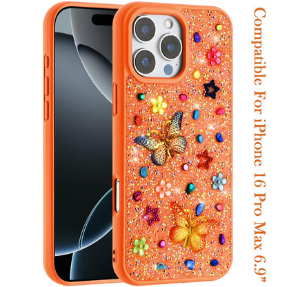 Phone Case for Apple iPhone 16 Pro Max 3D Butterfly Diamond Bling Glitter Shockproof Stylish Protective Luxury Hybrid Sparkly Durable Grip Design Cover Cosmic Orange