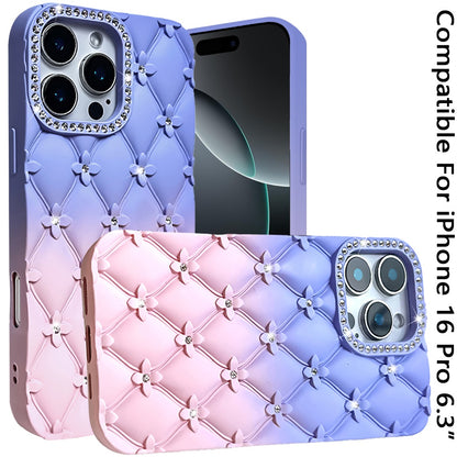 For Apple iPhone 16 Pro Fashion Flower Design Sparkle Glitter Shimmer Rhinestone Bling Floral Accents, Leather Texture TPU Case Cover