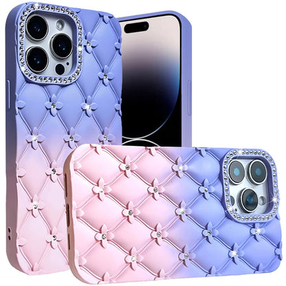 For iPhone 14 Pro Max (6.7") Fashion Flower Design Sparkle Glitter Shimmer Rhinestone Bling Floral Accents, Leather Texture TPU Case Cover