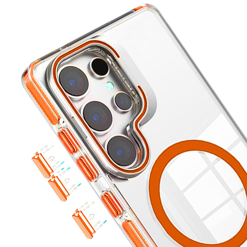 Phone Case for Samsung Galaxy S25 Ultra Magnetic Circle Transparent Tough Hybrid Camera Stand Guard Stand Shockproof Color Edge Rugged Grip Cover Cosmic Orange