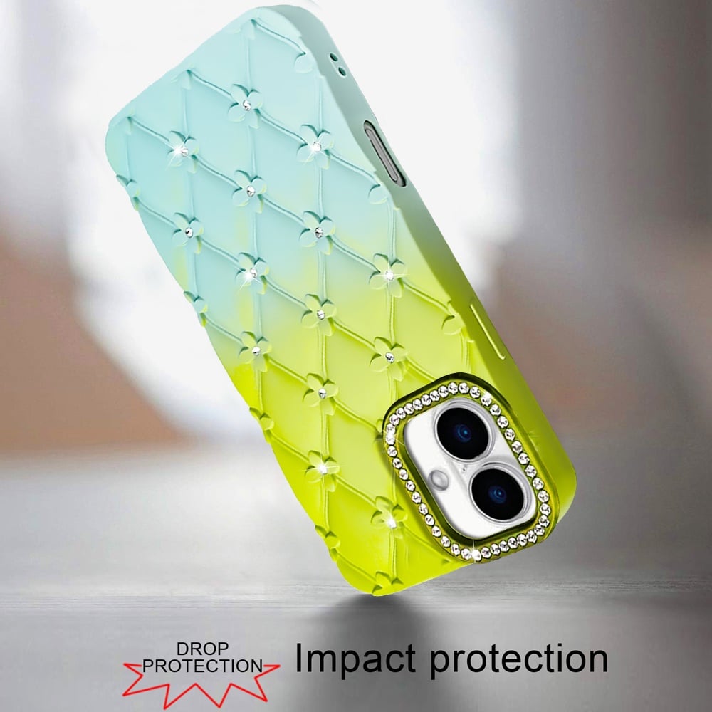 For iPhone 16 (6.1") Fashion Flower Design Sparkle Glitter Shimmer Rhinestone Bling Floral Accents, Leather Texture TPU Case Cover Yellow/Green