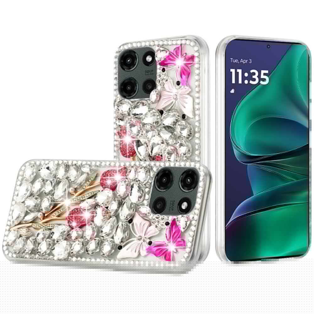 For Motorola Moto G Stylus 5G 2026 /2025 Bling Crystal 3D Full Diamonds Luxury Sparkle Rhinestone Hybrid Protective Case Cover Silver Panda Floral