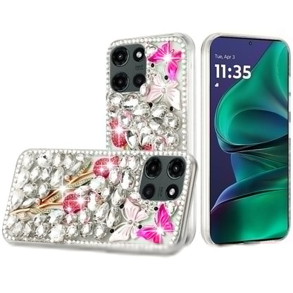 For Motorola Moto G Stylus 5G 2026 /2025 Bling Crystal 3D Full Diamonds Luxury Sparkle Rhinestone Hybrid Protective Case Cover Silver Panda Floral