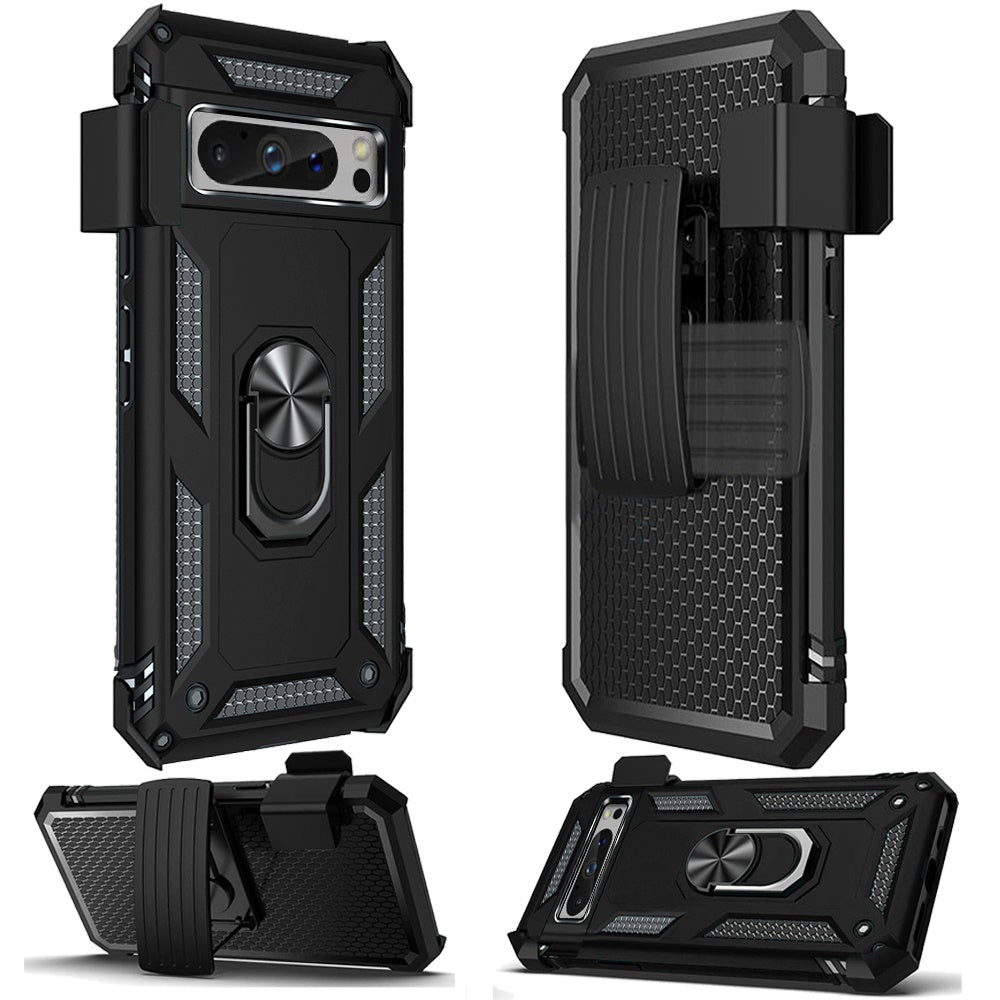 For Google Pixel 10 Pro XL Hybrid Combo Belt Clip Holster with Ring Stand Holder, Military Grade Fit Magnetic Car Mount Shockproof Case Cover Black