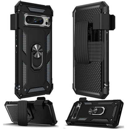 For Google Pixel 10 Pro XL Hybrid Combo Belt Clip Holster with Ring Stand Holder, Military Grade Fit Magnetic Car Mount Shockproof Case Cover Black