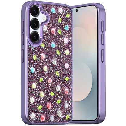 For Samsung Galaxy S26 Floral Design Embedded Glass Diamond Fancy Fashion Glitter Bling Sparkly Hybrid Rugged TPU Bumper Case Cover