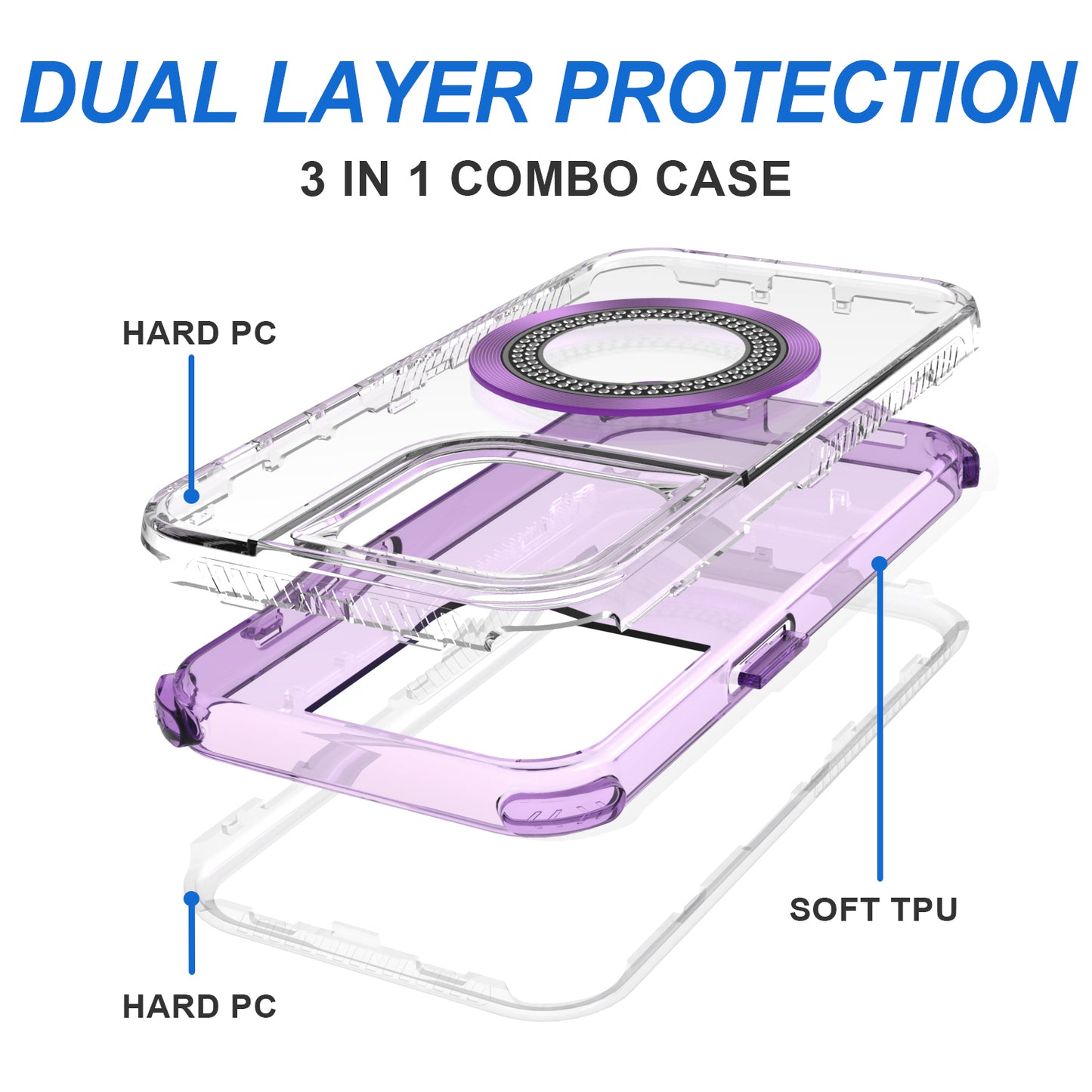 For Apple iPhone 17E /16E Magnetic Circle Compatible with Magsafe, Hybrid Chrome 3in1 Transparent Shockproof TPU Bumper Case Cover Purple