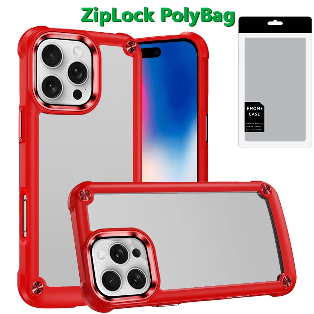 For Apple iPhone 16 Pro Hybrid Transparent Rubber with Metal Buttons & Camera Edges Hard TPU Corner Frame Bumper Case Cover Red