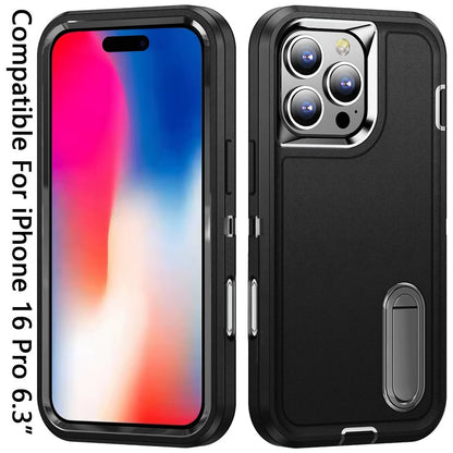 For Apple iPhone 16 Pro Hybrid 3 Layers Hard 3in1 Shockproof with Kickstand Heavy Duty Hard TPU Rubber Anti-Drop Case Cover Black +Dark Blue