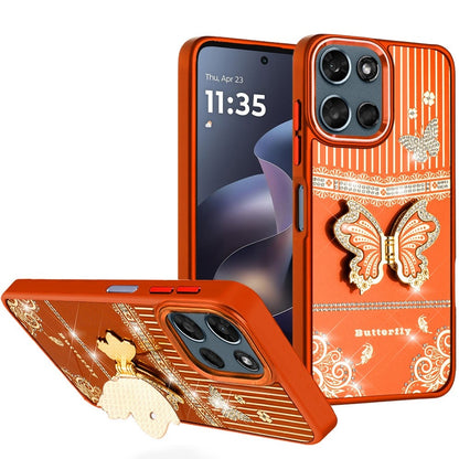 For Motorola Moto G Play 5G 2026 Glitter 3D Butterfly Design Bling Metallic Edge Hybrid Stand Drop Protection TPU Shockproof Case Cover Cosmic Orange