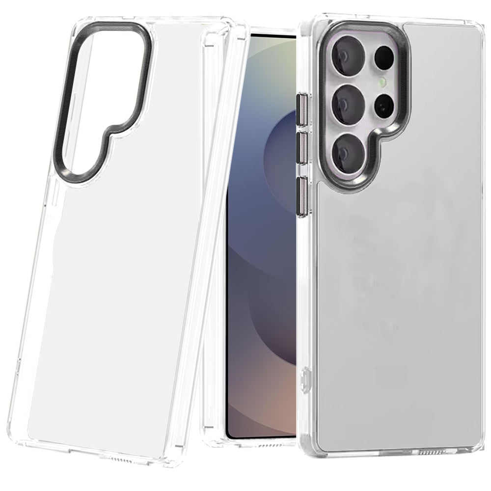 For Samsung Galaxy S26 Ultra Transparent Clear Hybrid with Matching Metal Buttons and Camera Protection Hard PC + TPU Rubber Case Cover Clear / Black