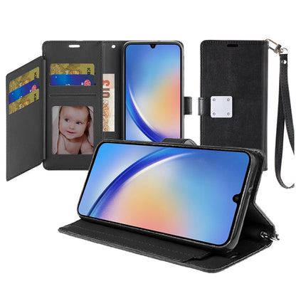For Apple iPhone 16 (6.1") Premium Leather Wallet with Credit Card ID Slots Cash Holder Duo Flip Pouch Stand and Strap Case Cover