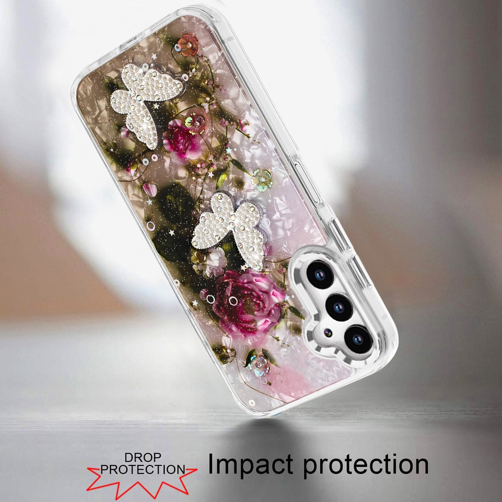 For Samsung Galaxy A36 Epoxy Glitter Flowers Bling 3D Butterfly Fashion TPU Hybrid with Shockproof Protection Case Cover