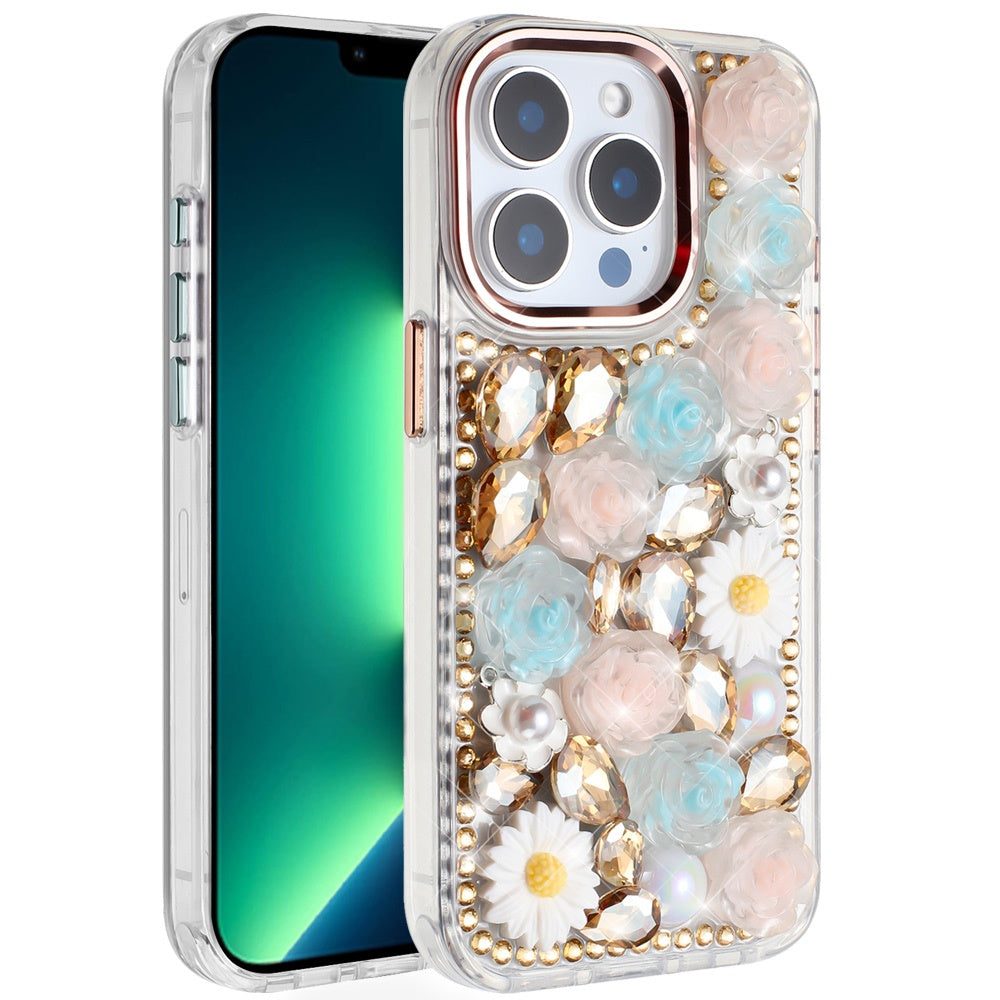 For Apple iPhone 13 Pro Max Fashion Daisy Floral Series, Full 3D Bling Crystal Diamonds Sparkling Rhinestone Glitter Hybrid Design Case Cover Gold